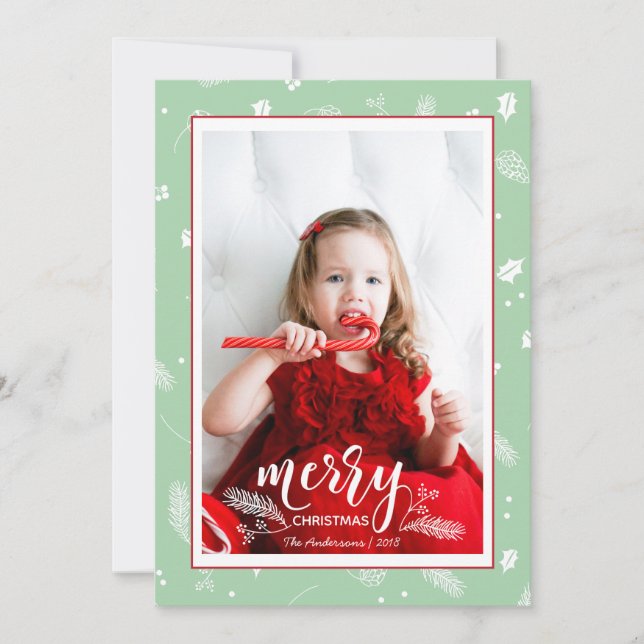 Cute Pine & Holly Christmas Pattern Family Photo Holiday Card (Front)