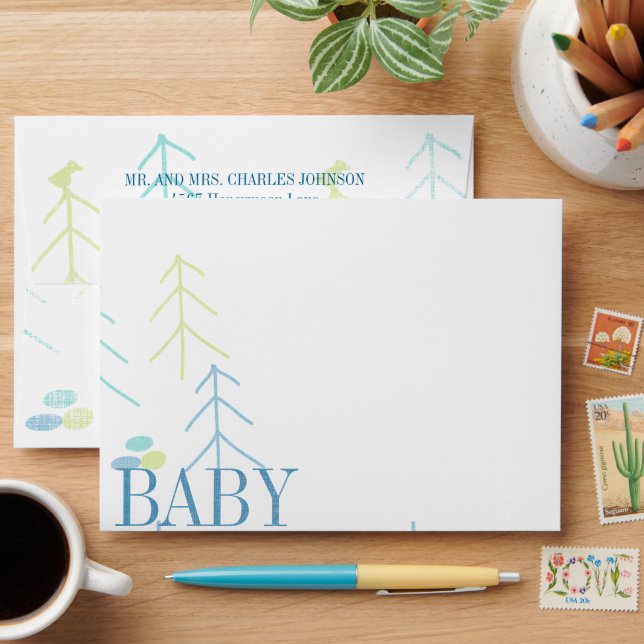 Cute Pine Tree Baby Boy Shower Invitations Envelopes (Desk)
