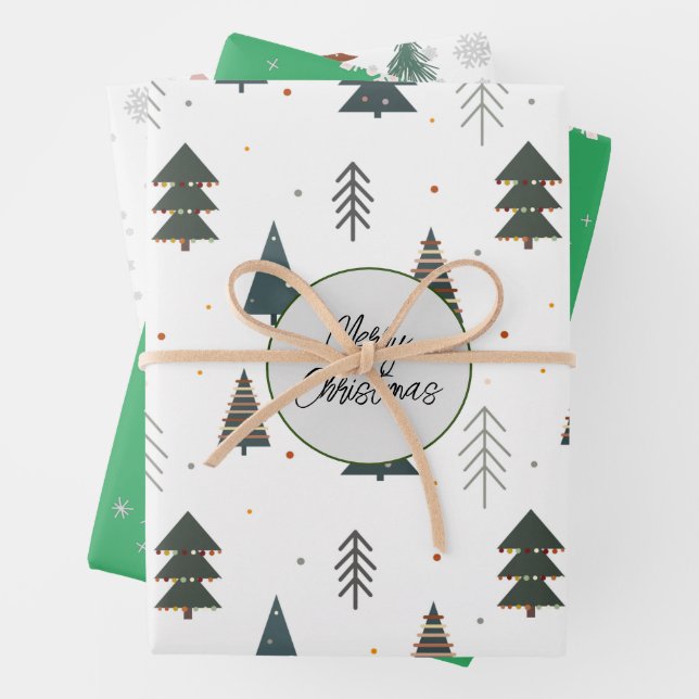 Cute pine tree pattern white and green snowflakes  wrapping paper sheet (In situ)
