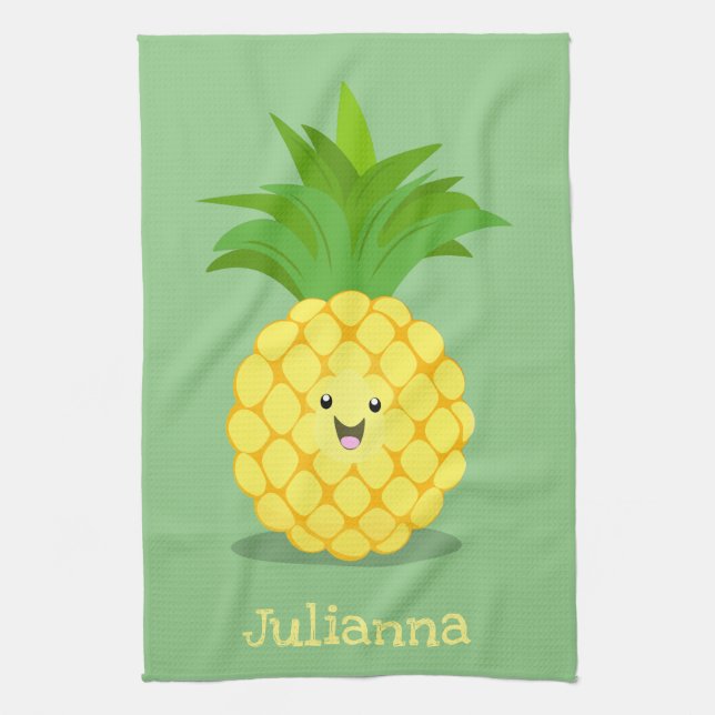 Cute pineapple cartoon illustration tea towel (Vertical)