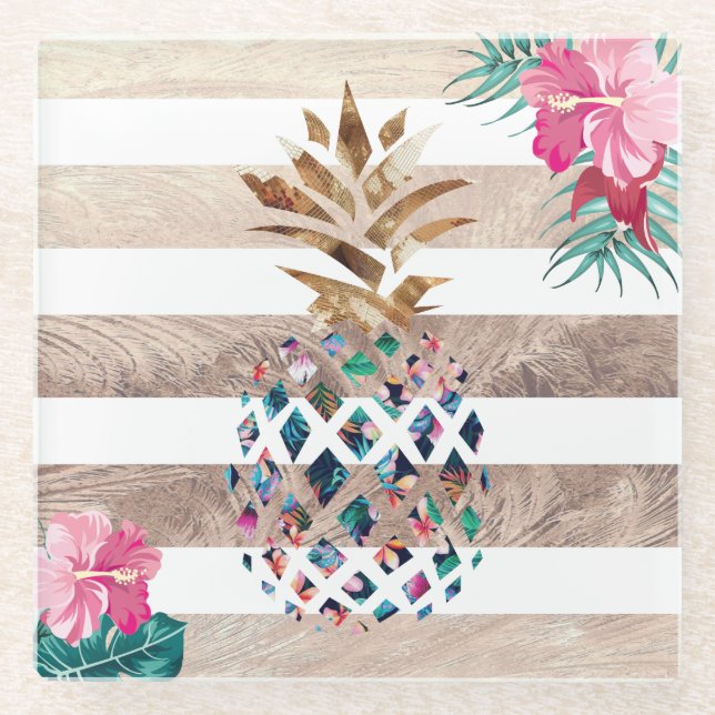 Cute Pineapple gold striped design Glass Coaster (Front)