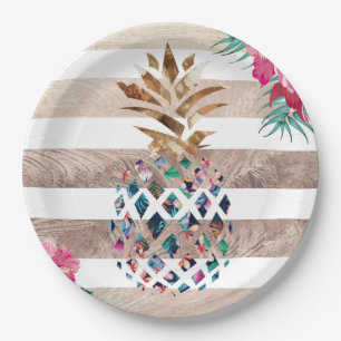 Cute Pineapple gold striped design Paper Plate