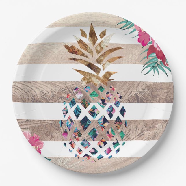 Cute Pineapple gold striped design Paper Plate (Front)