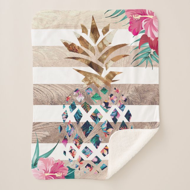 Cute Pineapple gold striped Sherpa Blanket (Front)