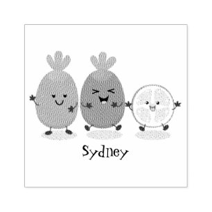 Cute pineapple guava feijoa cartoon illustration rubber stamp