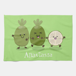 Cute pineapple guava feijoa cartoon illustration tea towel