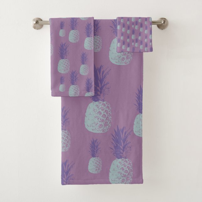 Cute Pineapple Pattern in Bright Blue and Purple Bath Towel Set (Insitu)