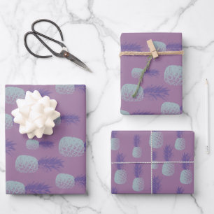 Cute Pineapple Pattern in Bright Blue and Purple  Wrapping Paper Sheet