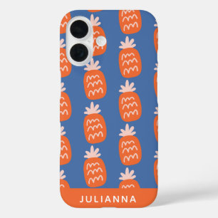 Cute Pineapple Pattern in Orange Blue Personalised iPhone 16 Case