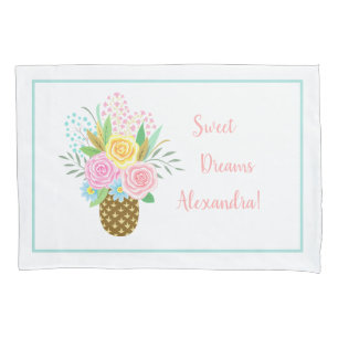 Cute Pineapple Roses Bouquet Pink Turquoise Pillowcase