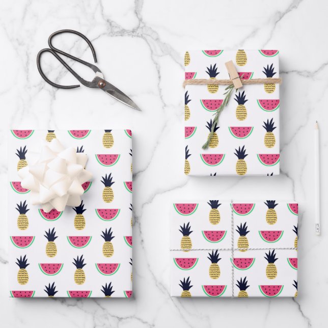 Cute Pineapple & Watermelon Doodle Pattern Wrapping Paper Sheet (Front)