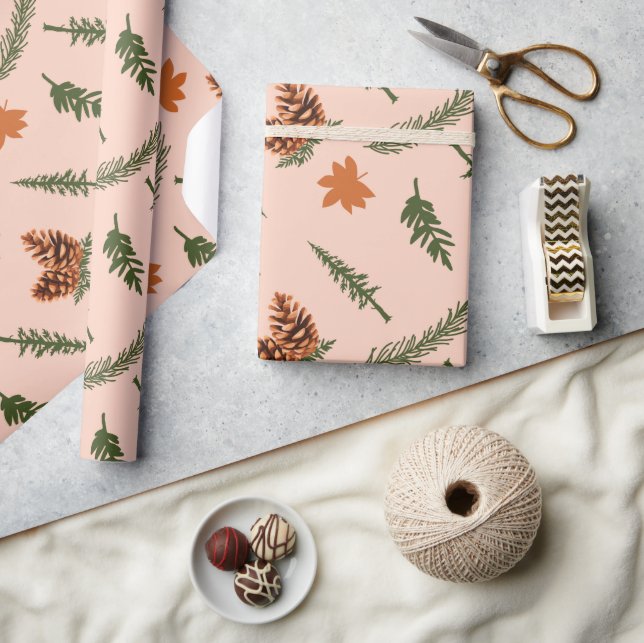 Cute Pinecone and Leaf Seamless Wrapping Paper (Crafts)