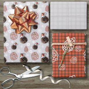 Cute Pinecone Christmas Craft Snowflake red grey  Wrapping Paper Sheet