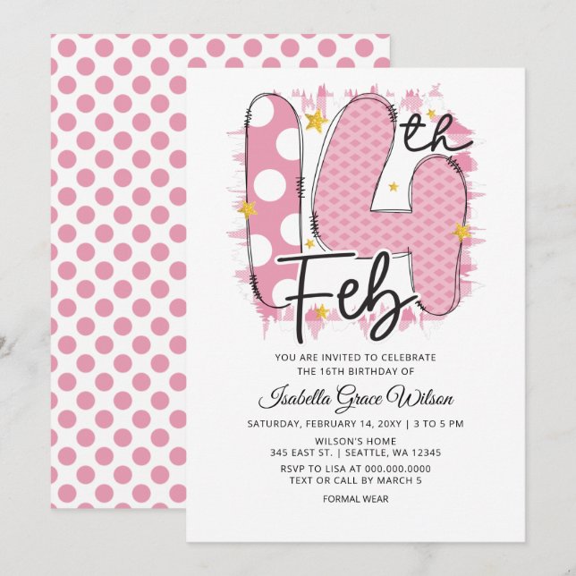 Cute Pink 14 February Valentine Birthday Invitation (Front/Back)