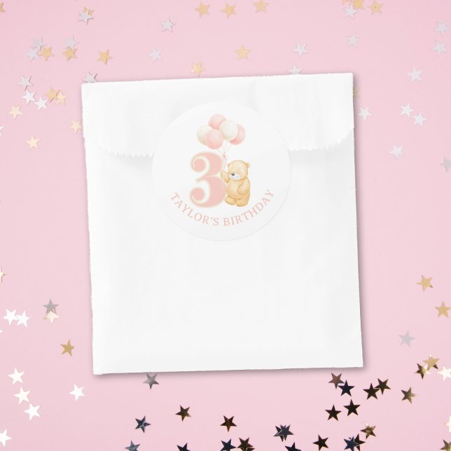 Cute Pink 3 year old Birthday  Classic Round Sticker (Cute Stickers for birthday girl turning 3 years old, happy birthday personalized stickers for girl)