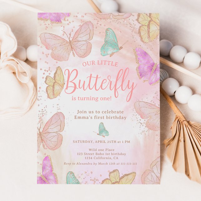 Cute pink a little butterfly chic 1st birthday invitation (Creator Uploaded)