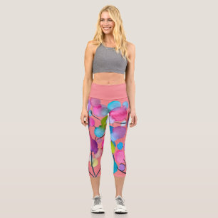 Cute pink abstract watercolor colourful tree art capri leggings