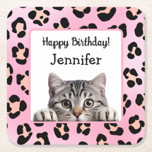 Cute Pink Adorable Cat Birthday Paper Coaster