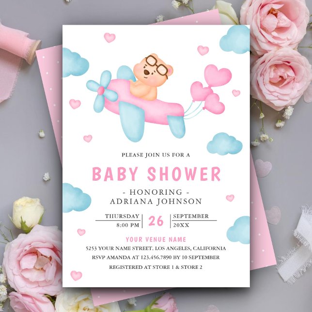 Cute Pink Aeroplane Girl Teddy Bear Baby Shower Invitation (Creator Uploaded)