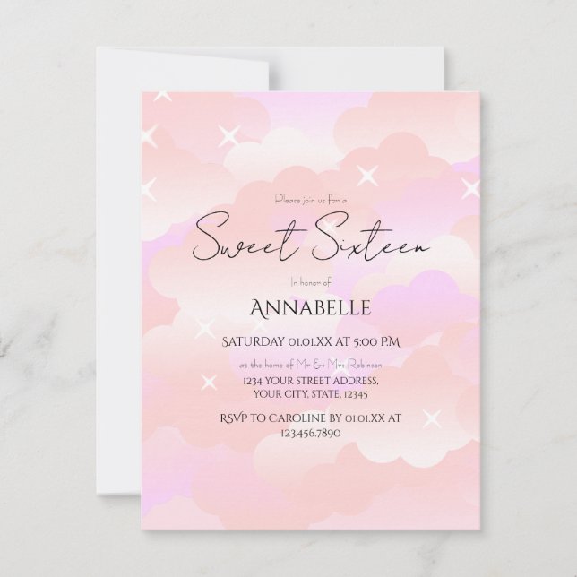 Cute Pink Aesthetic Clouds Sweet Sixteen Birthday Invitation (Front)