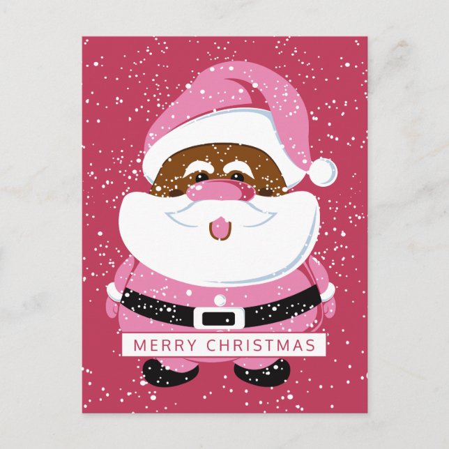 Cute pink African-American Santa Claus and snow Holiday Postcard (Front)