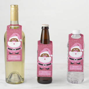 Cute pink African-American Santa Claus Christmas Bottle Tag