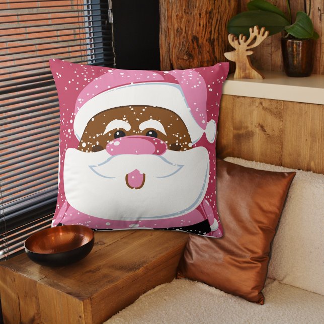 Cute pink  African-American Santa Claus Christmas Cushion (Creator Uploaded)