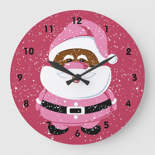 Cute pink African-American Santa Claus Christmas Large Clock (Front)