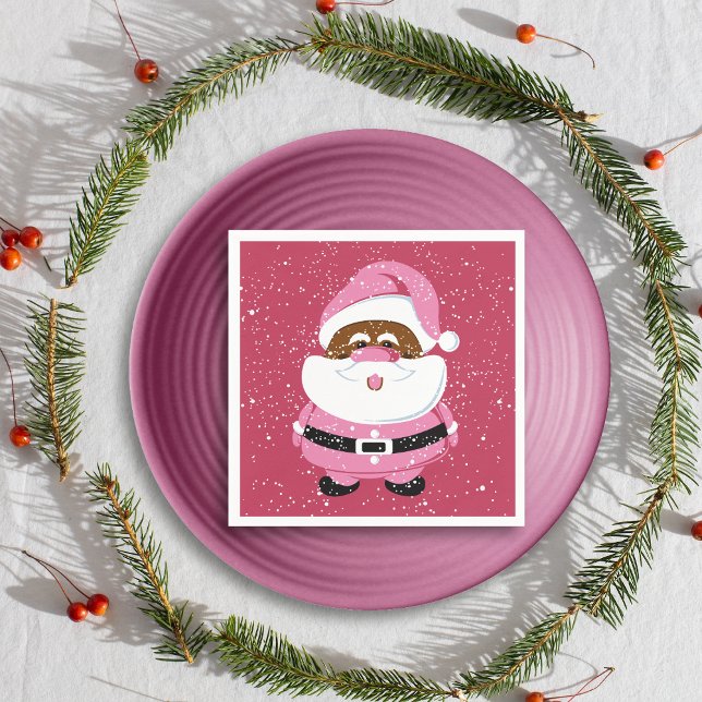Cute Pink African American Santa Claus Christmas Napkin (Creator Uploaded)