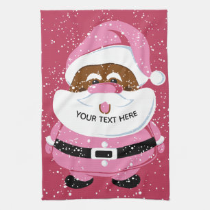 Cute pink African-American Santa Claus Christmas Tea Towel
