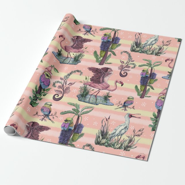 Cute Pink African Flamingo Bird Lover Aesthetic Wrapping Paper (Unrolled)