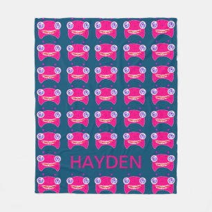 Cute Pink Alien Monsters Pattern Blue Personalised Fleece Blanket