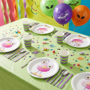 Cute Pink Alien With Big Eyes Paper Plate