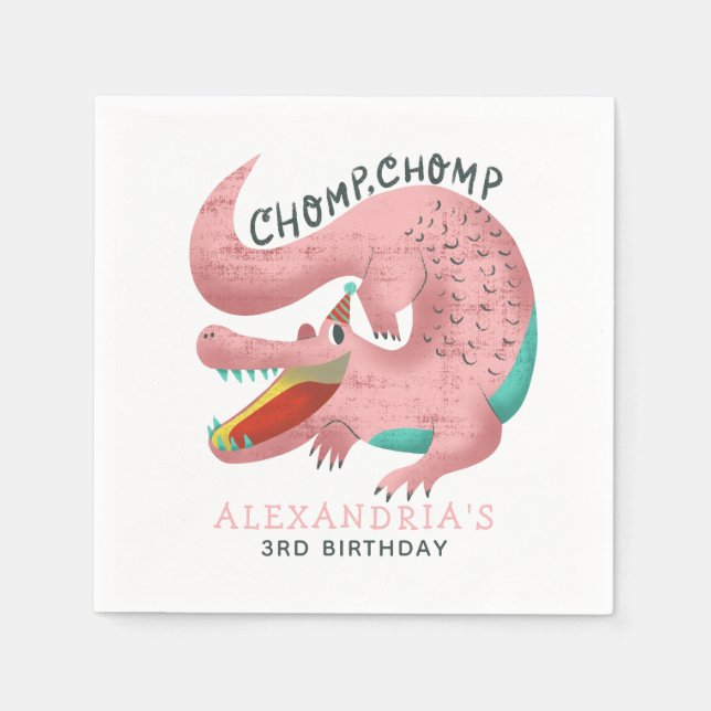 Cute Pink Alligator Birthday Party Girls Napkin (Front)