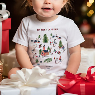 Cute pink Alpine ski lodge winter fun Christmas Baby T-Shirt