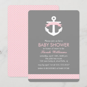 Cute Pink Anchor Nautical Girl Baby Shower Invitation