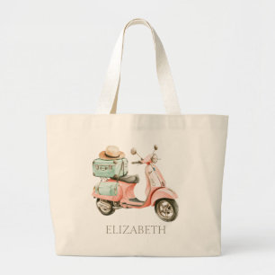 Cute Pink and Aqua Coastal Scooter Large Tote Bag