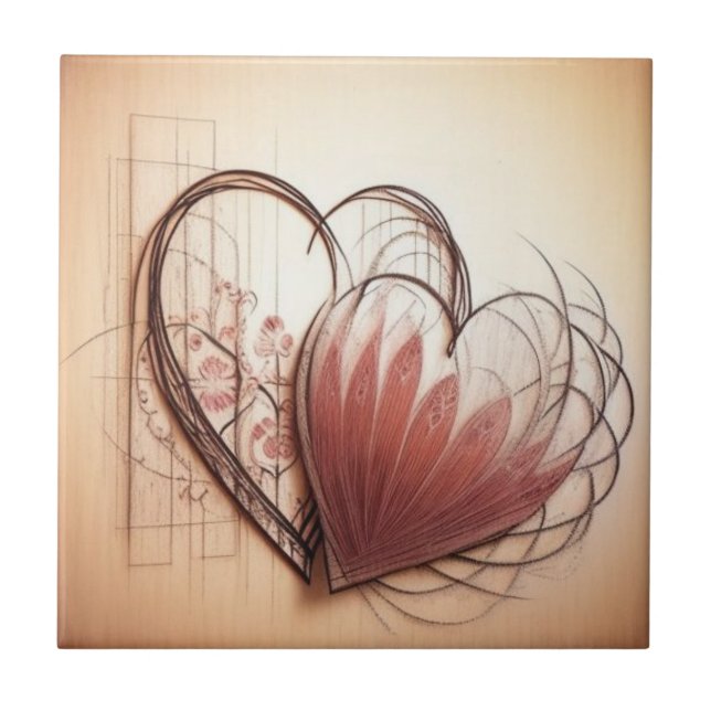 Cute  pink and beige heart Ceramic Tile (Front)