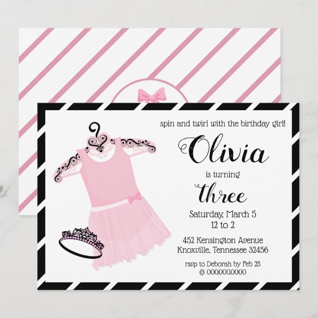 Cute Pink and Black Ballerina Birthday Invitation (Front/Back)
