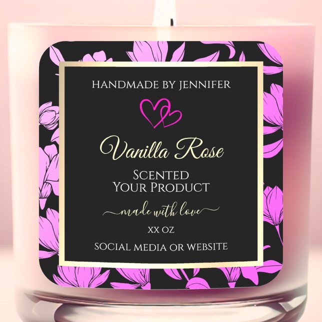 Cute Pink and Black Floral Product Labels Hearts (Creator Uploaded)