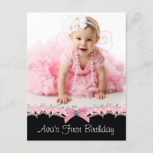 Cute Pink and Black Girls Photo Birthday Party Invitation