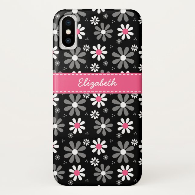 Cute Pink and Black Girly Mod Daisies With Name Case-Mate iPhone Case (Back)