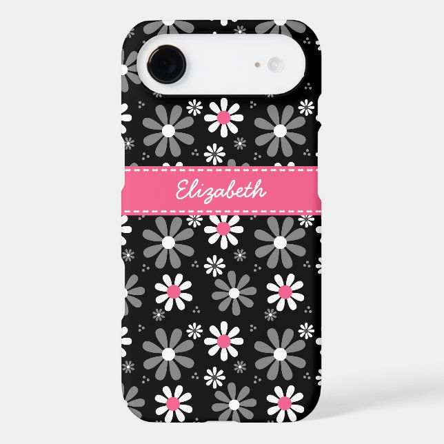 Cute Pink and Black Girly Mod Daisies With Name Case-Mate iPhone Case (Back)