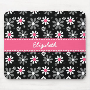 Cute Pink and Black Girly Mod Daisies With Name Mouse Mat