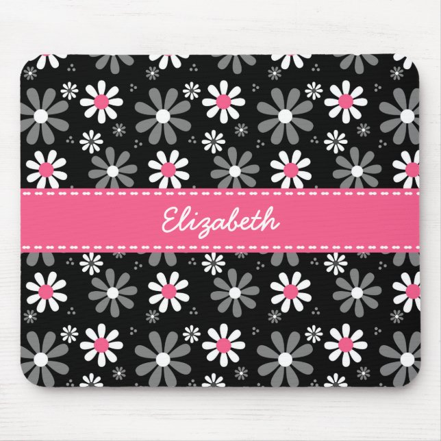 Cute Pink and Black Girly Mod Daisies With Name Mouse Mat (Front)
