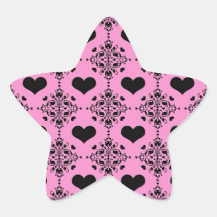 Cute Pink and Black Hearts Damask Star Sticker