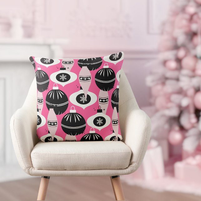 Cute Pink And Black Retro Merry Christmas  Cushion (pretty pink and black festive merry Christmas throw pillow)