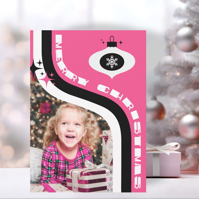 Cute Pink And Black Retro Merry Christmas Holiday Card (custom photo Christmas card retro merry Christmas card pink and black)