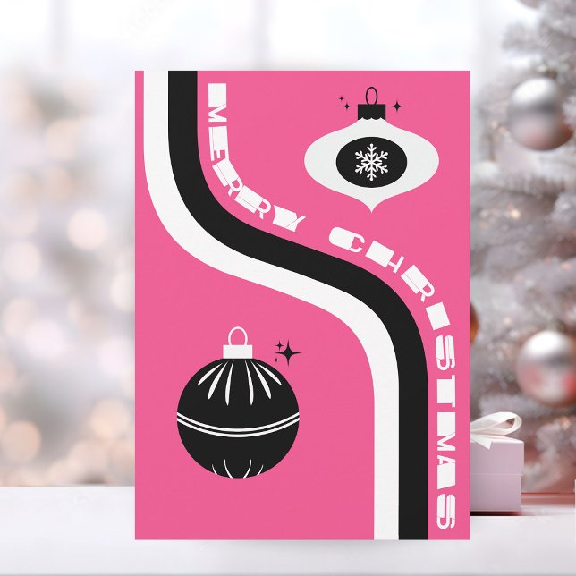 Cute Pink And Black Retro Merry Christmas Holiday Card (custom Christmas card unique merry Christmas retro pink and black)
