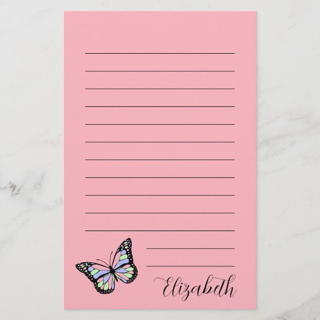 Cute Pink and Black Script Name Colourful Butterfl Stationery (Front)